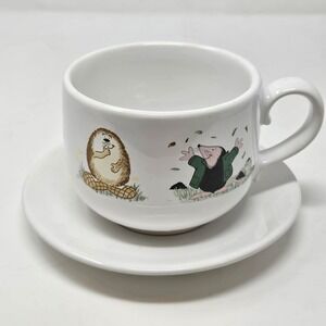 Vintage Wade England Hedgehog and Mole Tea Cup and Saucer Set White Ceramic